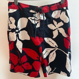 Caribbean Blues Blue And Red Hawaiian Floral Board Shorts Swim Trunks 34